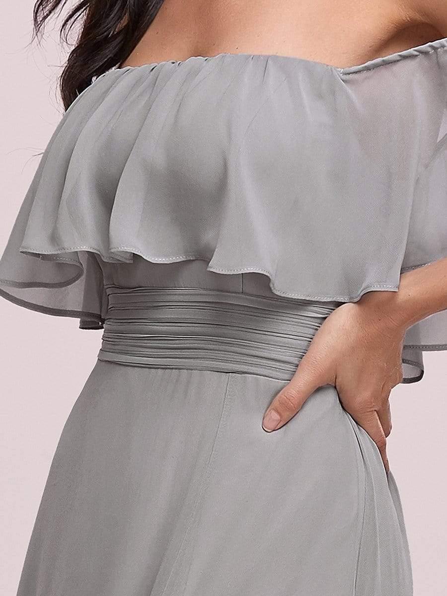 Women's Off-The-Shoulder Ruffle Thigh Split Bridesmaid Dresses #color_Grey