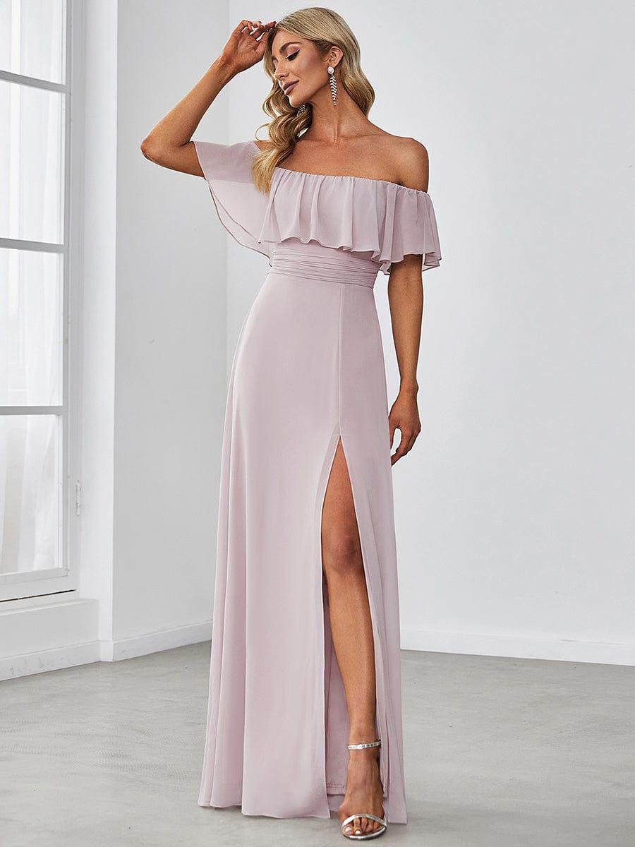 Women's Off-The-Shoulder Ruffle Thigh Split Bridesmaid Dresses #color_Lilac
