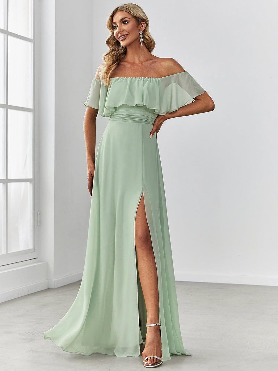 Women's Off-The-Shoulder Ruffle Thigh Split Bridesmaid Dresses #color_Mint Green