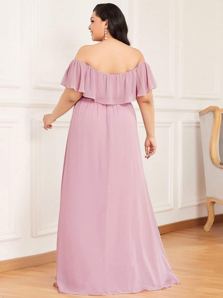 Women's Off-The-Shoulder Ruffle Thigh Split Bridesmaid Dresses #color_Mauve