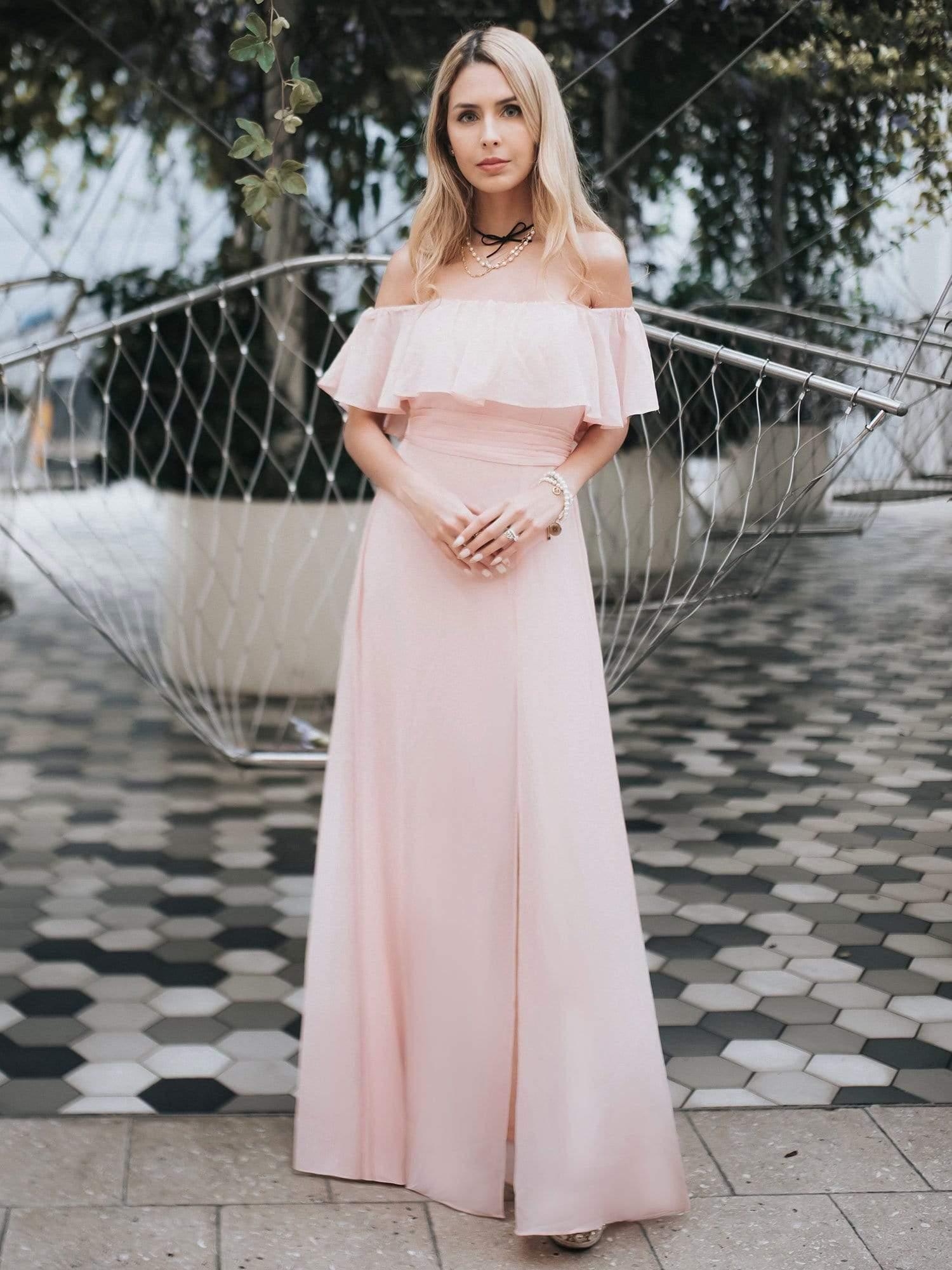 Women's Off-The-Shoulder Ruffle Thigh Split Bridesmaid Dresses #color_Pink