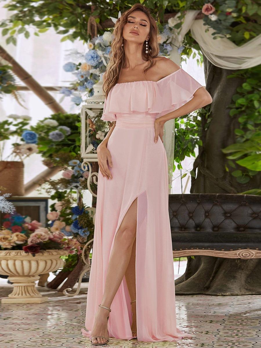 Women's Off-The-Shoulder Ruffle Thigh Split Bridesmaid Dresses #color_Pink
