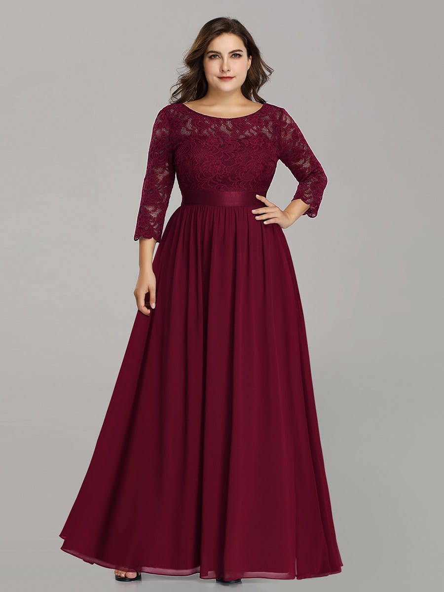 See-Through Floor Length Lace Evening Dress with Half Sleeve #color_Burgundy