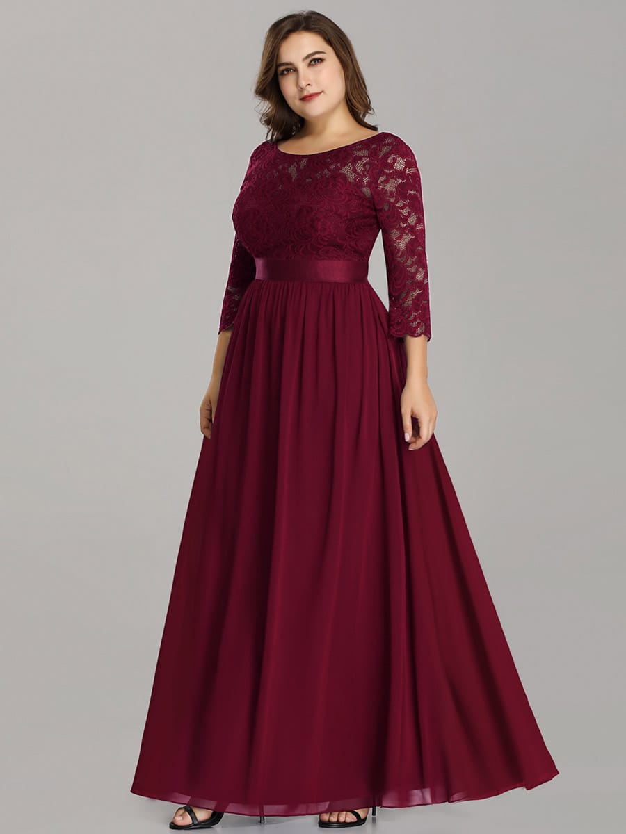 See-Through Floor Length Lace Evening Dress with Half Sleeve #color_Burgundy