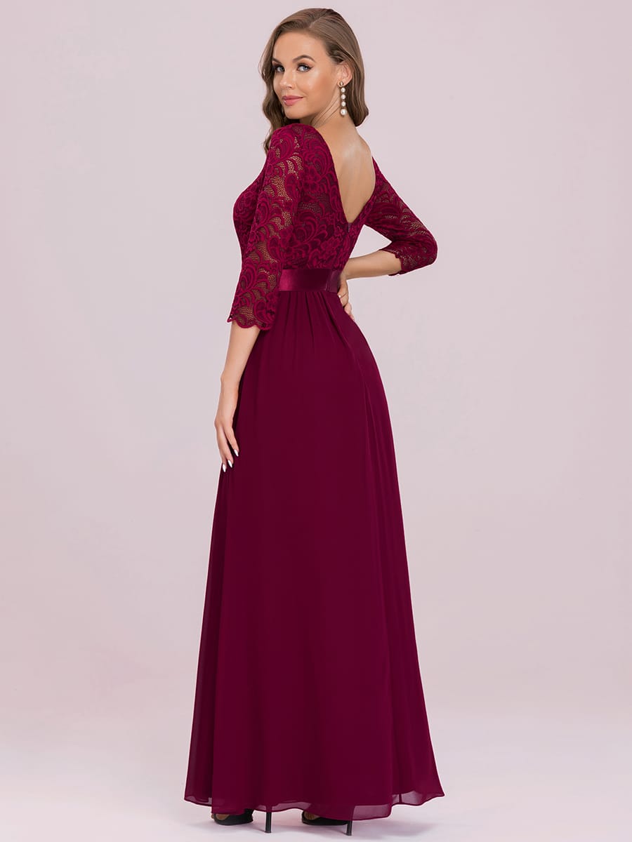 See-Through Floor Length Lace Evening Dress with Half Sleeve #color_Burgundy