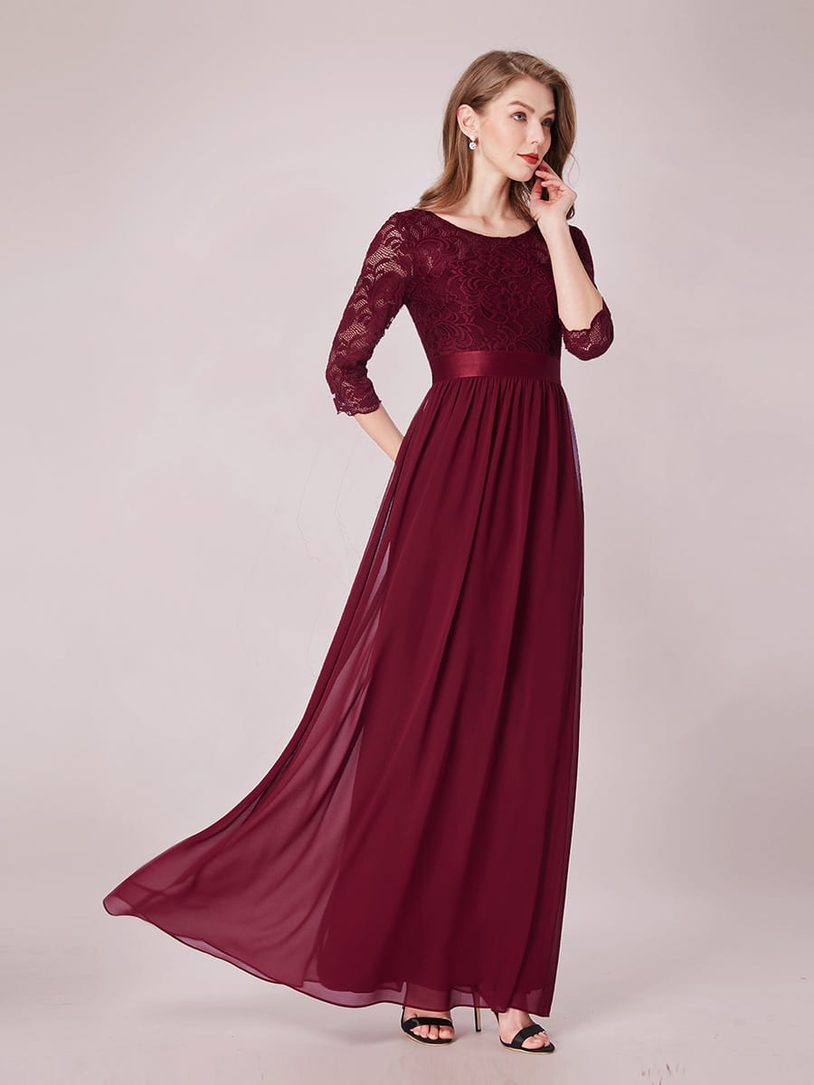 See-Through Floor Length Lace Evening Dress with Half Sleeve #color_Burgundy