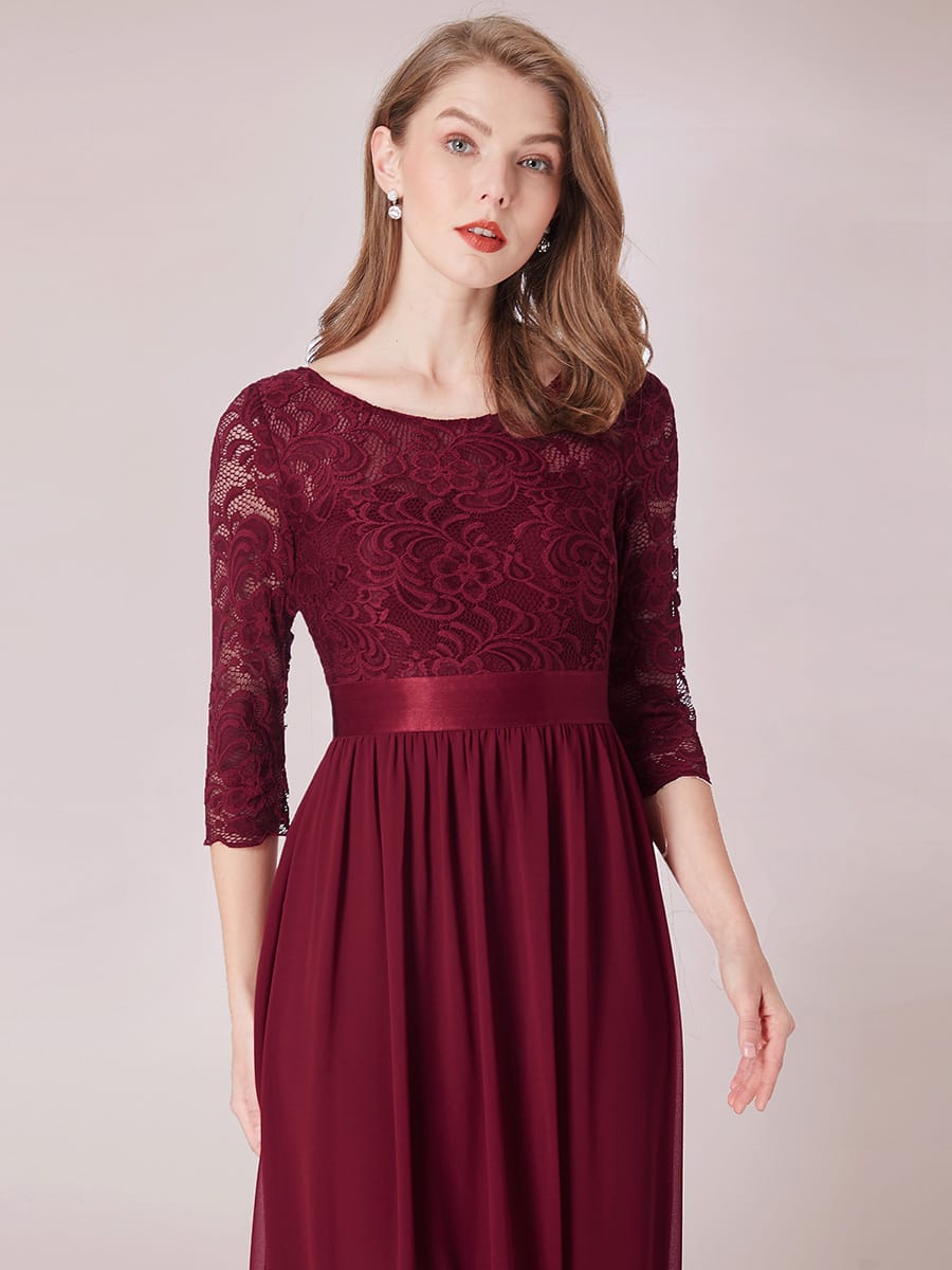 See-Through Floor Length Lace Evening Dress with Half Sleeve #color_Burgundy
