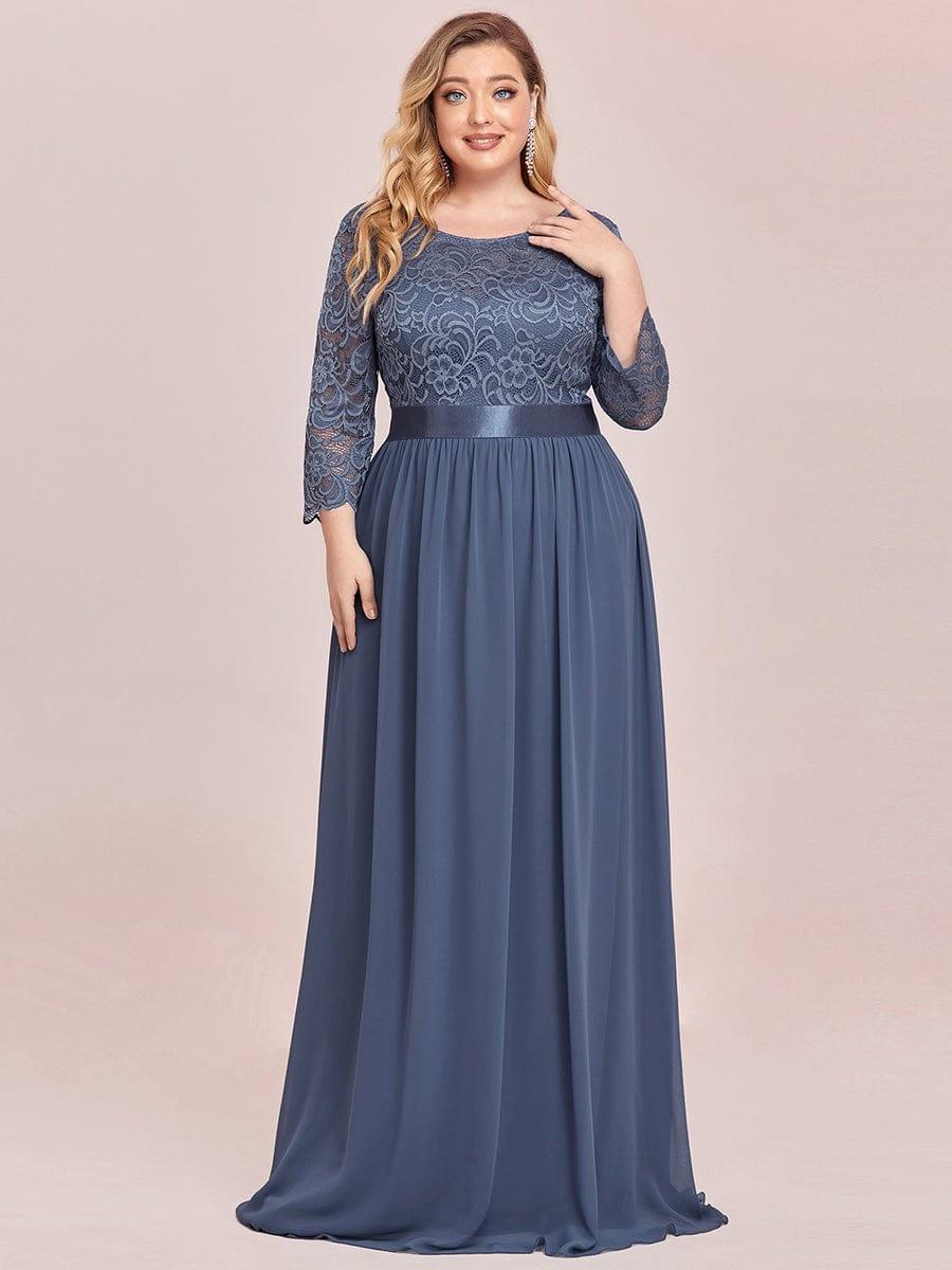 Elegant Round Neck A Line See-Through Lace Bridesmaid Dress in Dusty Blue #color_Dusty Blue