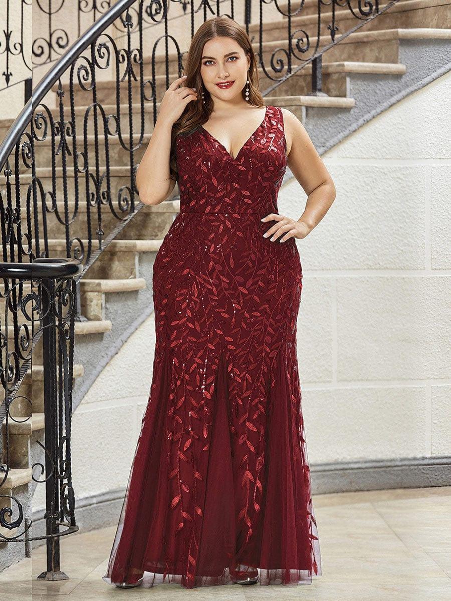Women's Double V-Neck Fishtail Seuqin Wedding Guest Dress #color_Burgundy