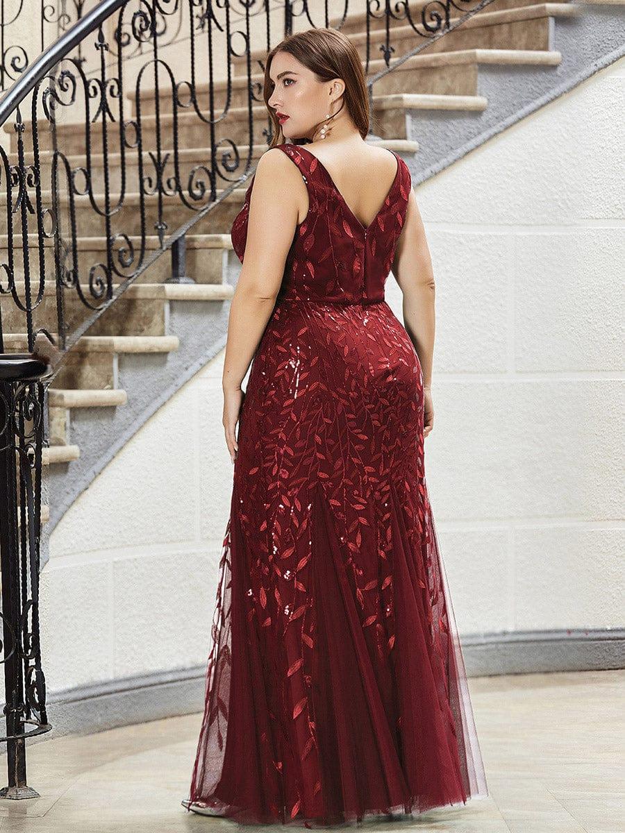 Women's Double V-Neck Fishtail Seuqin Wedding Guest Dress #color_Burgundy