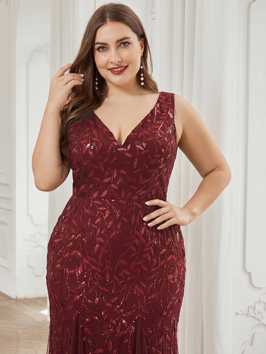 Women's Double V-Neck Fishtail Seuqin Evening Dress #color_Burgundy