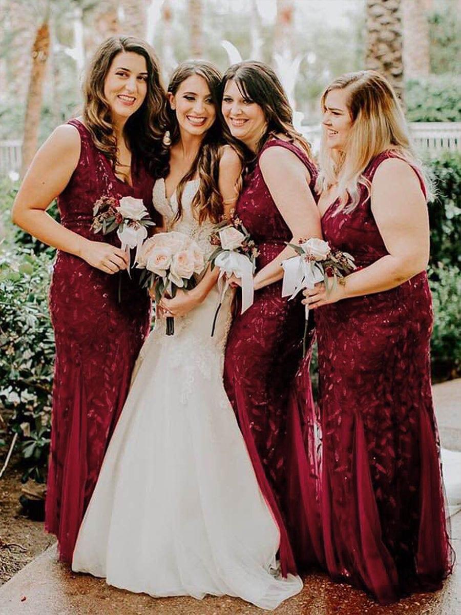 Women's Double V-Neck Fishtail Seuqin Wedding Guest Dress #color_Burgundy
