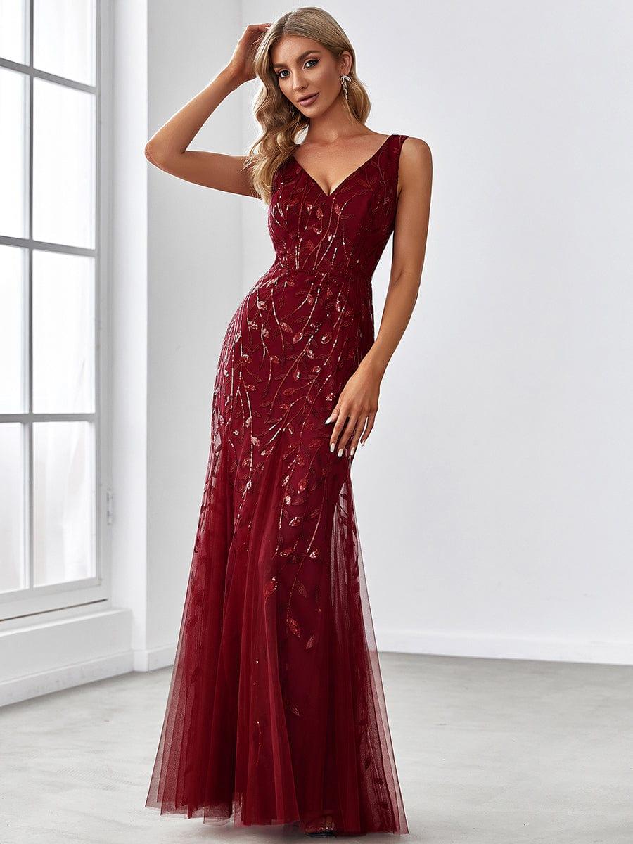 Women's Double V-Neck Fishtail Seuqin Wedding Guest Dress #color_Burgundy