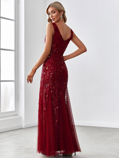 Women's Double V-Neck Fishtail Seuqin Wedding Guest Dress #color_Burgundy