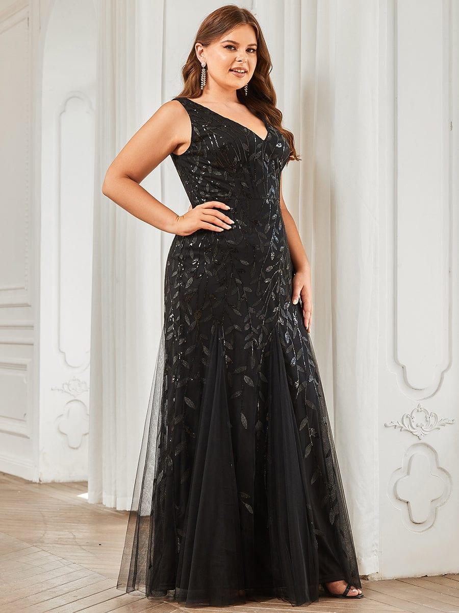 Plus Size Women's V-Neck Fishtail Seuqin Evening Dress #color_Black