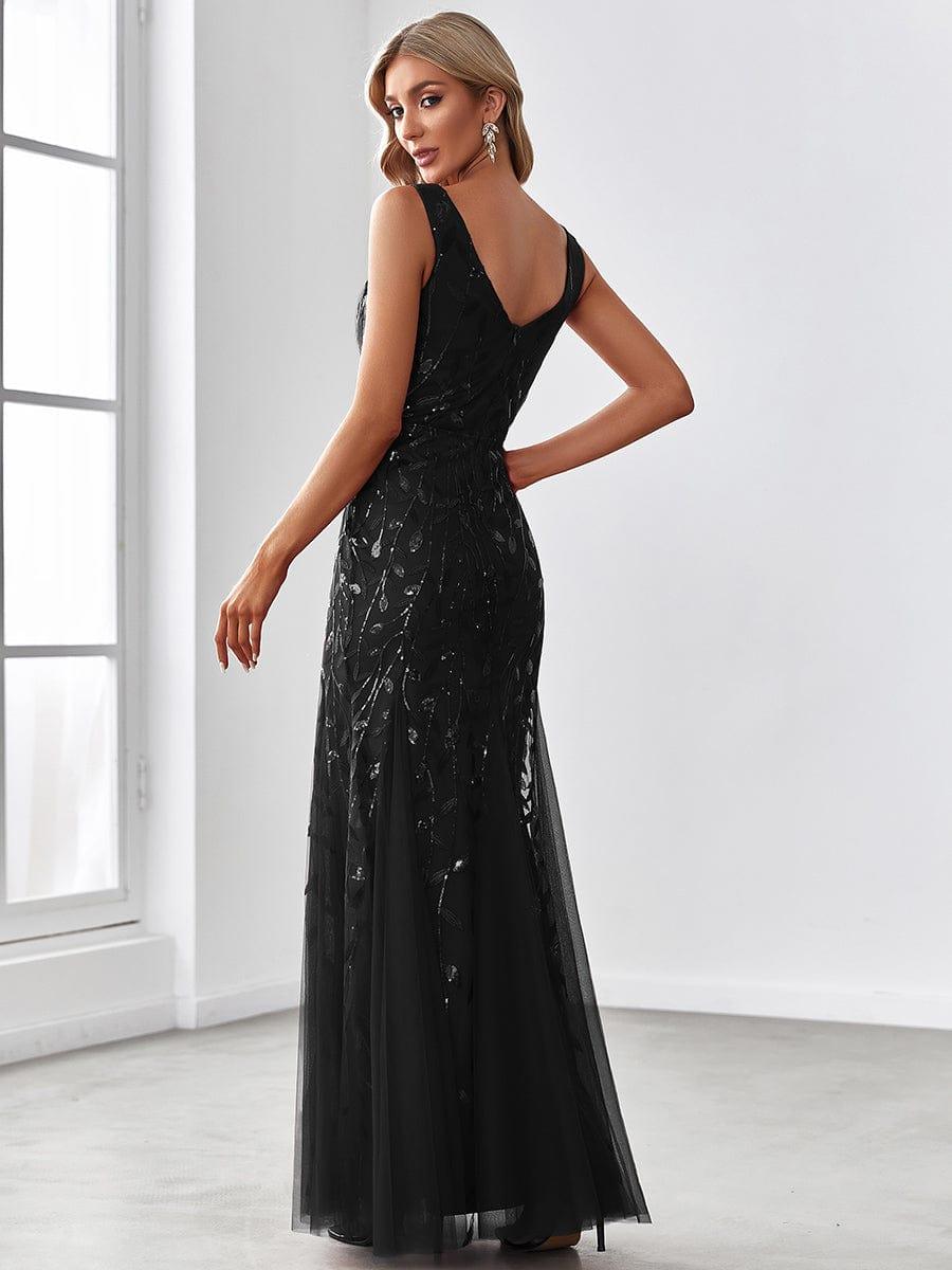 Women's Double V-Neck Fishtail Seuqin Wedding Guest Dress #color_Black