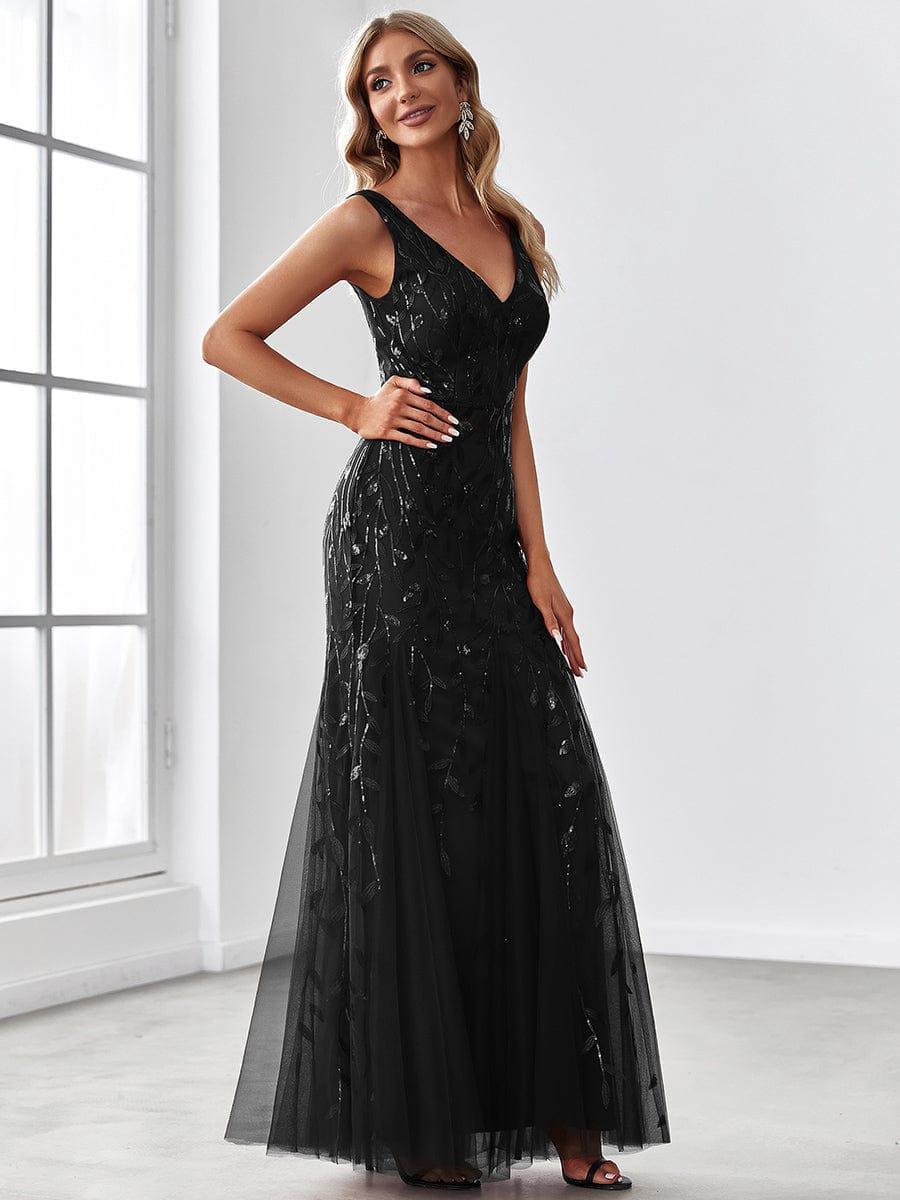 Women's Double V-Neck Fishtail Seuqin Wedding Guest Dress #color_Black