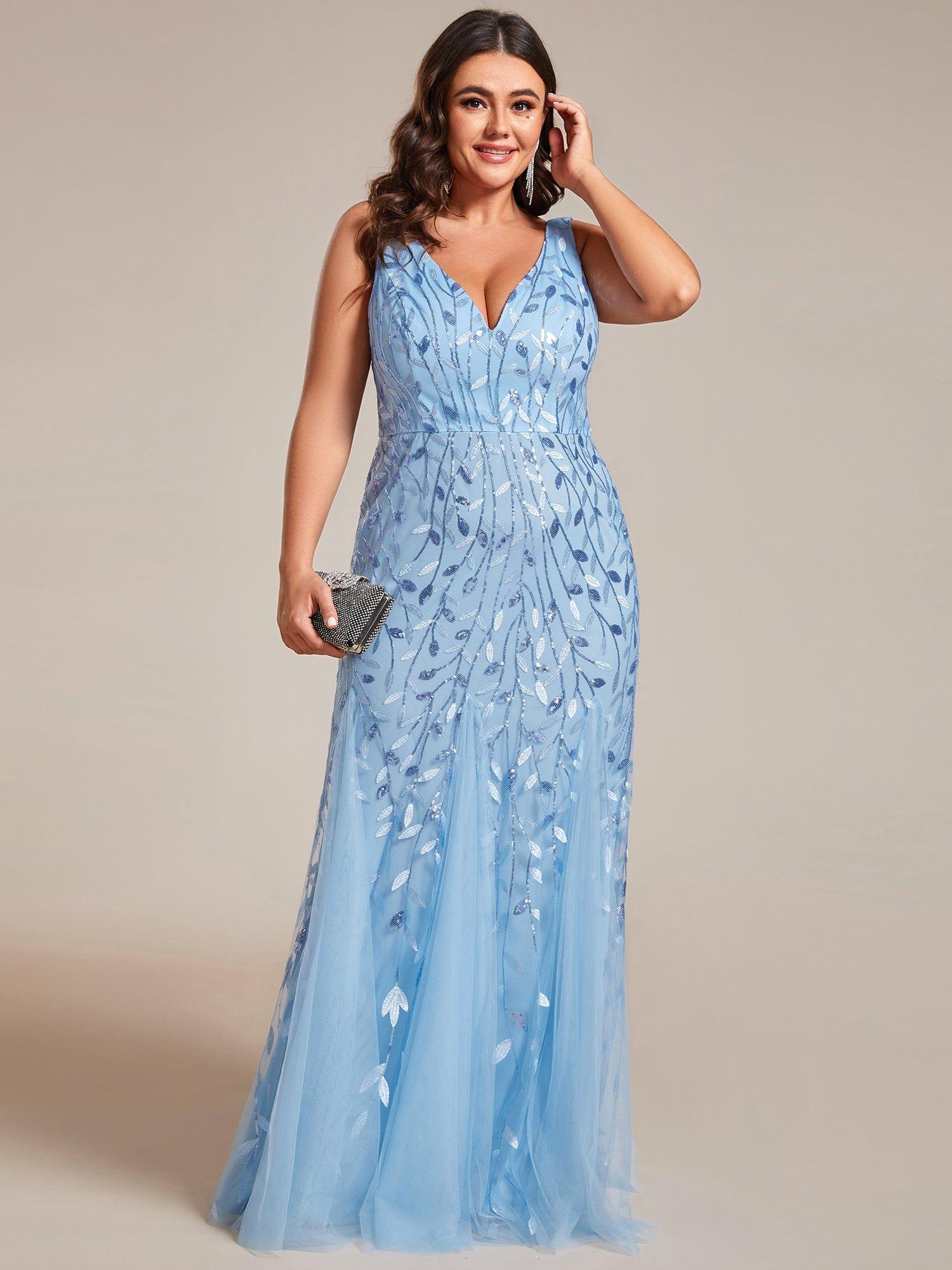 Women's Double V-Neck Fishtail Seuqin Wedding Guest Dress #color_Sky Blue