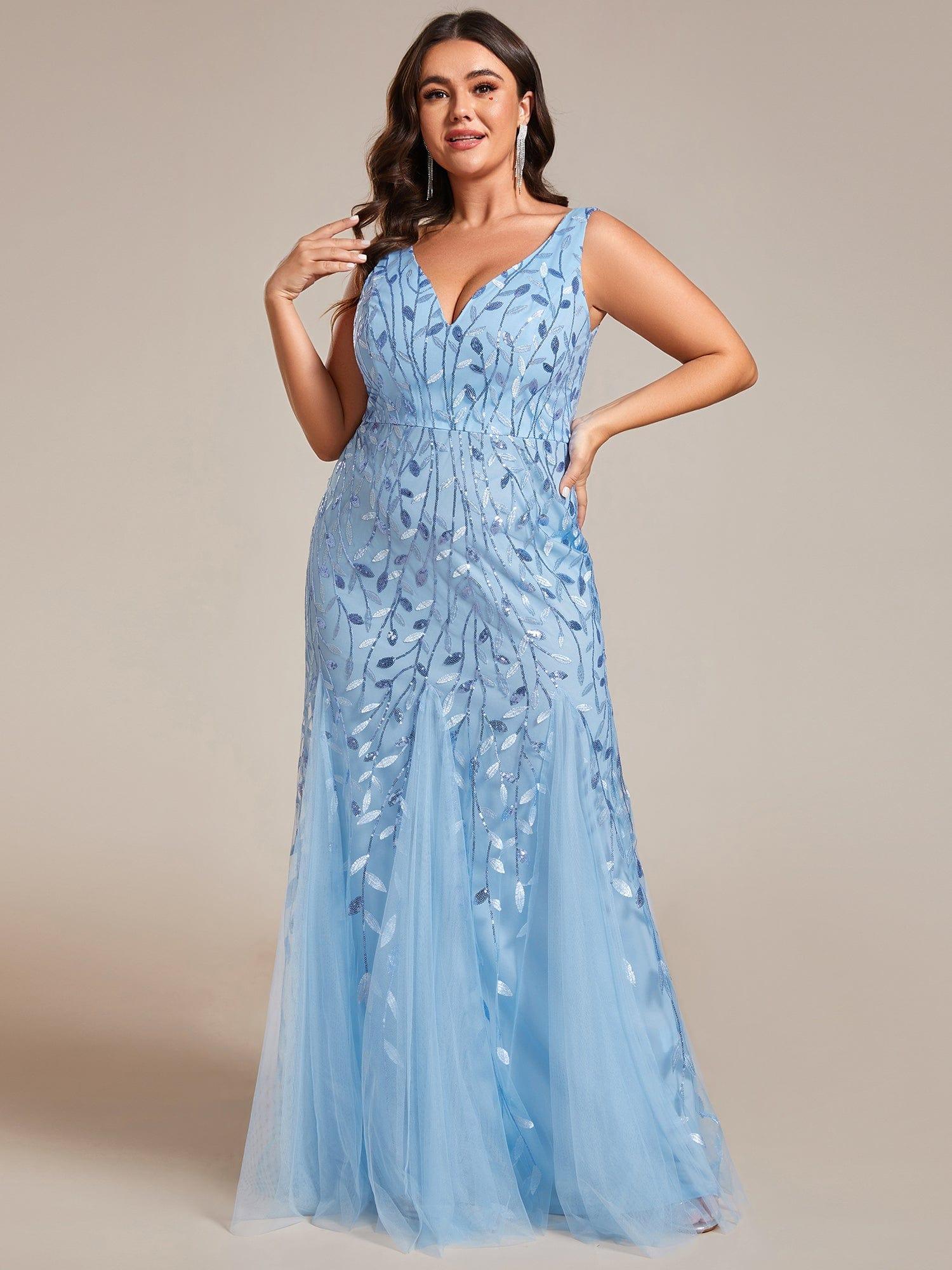 Women's Double V-Neck Fishtail Seuqin Wedding Guest Dress #color_Sky Blue
