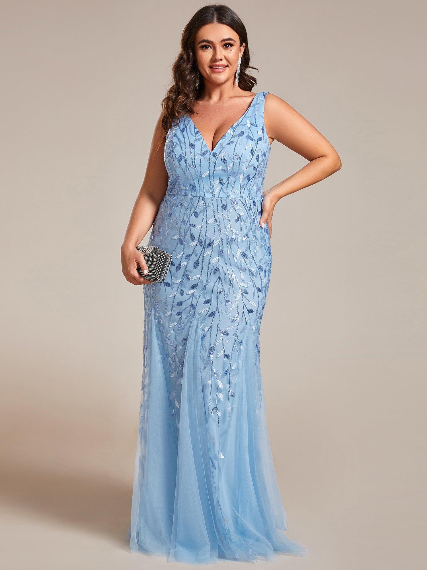 Women's Double V-Neck Fishtail Seuqin Wedding Guest Dress #color_Sky Blue