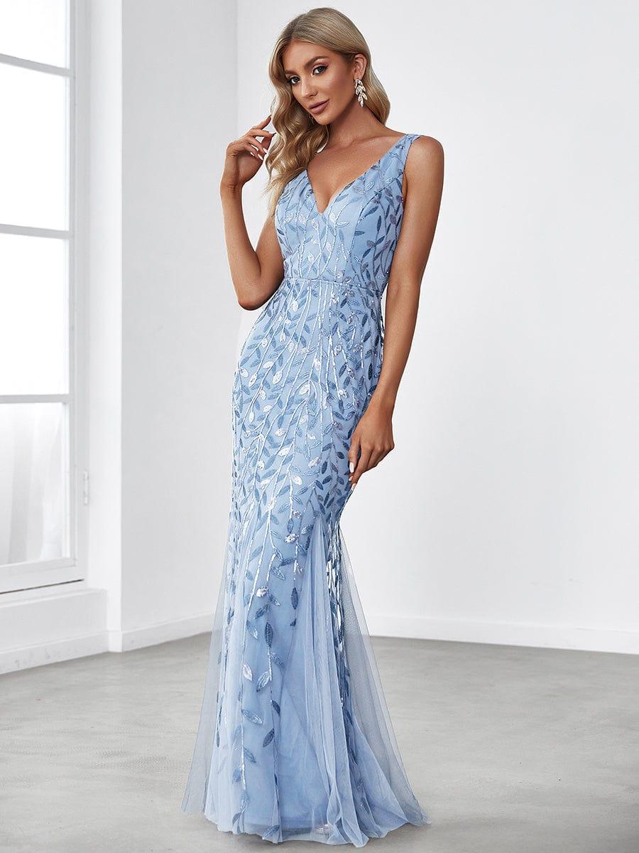 Women's Double V-Neck Fishtail Seuqin Wedding Guest Dress #color_Sky Blue