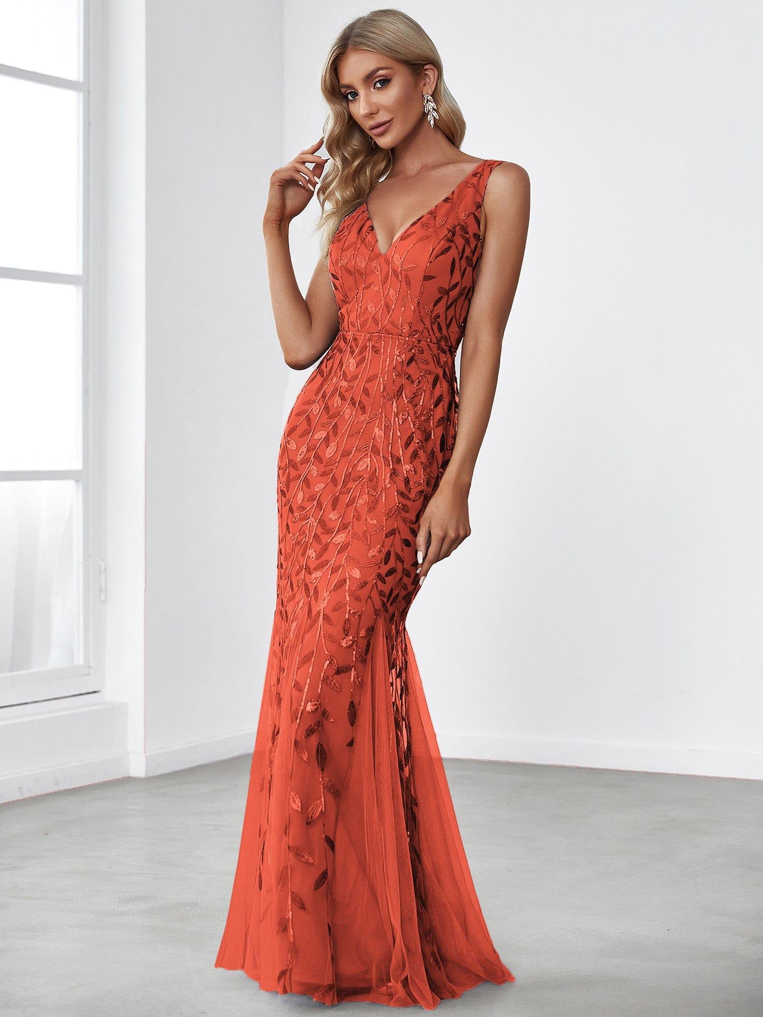 Women's Double V-Neck Fishtail Seuqin Wedding Guest Dress #color_Burnt Orange