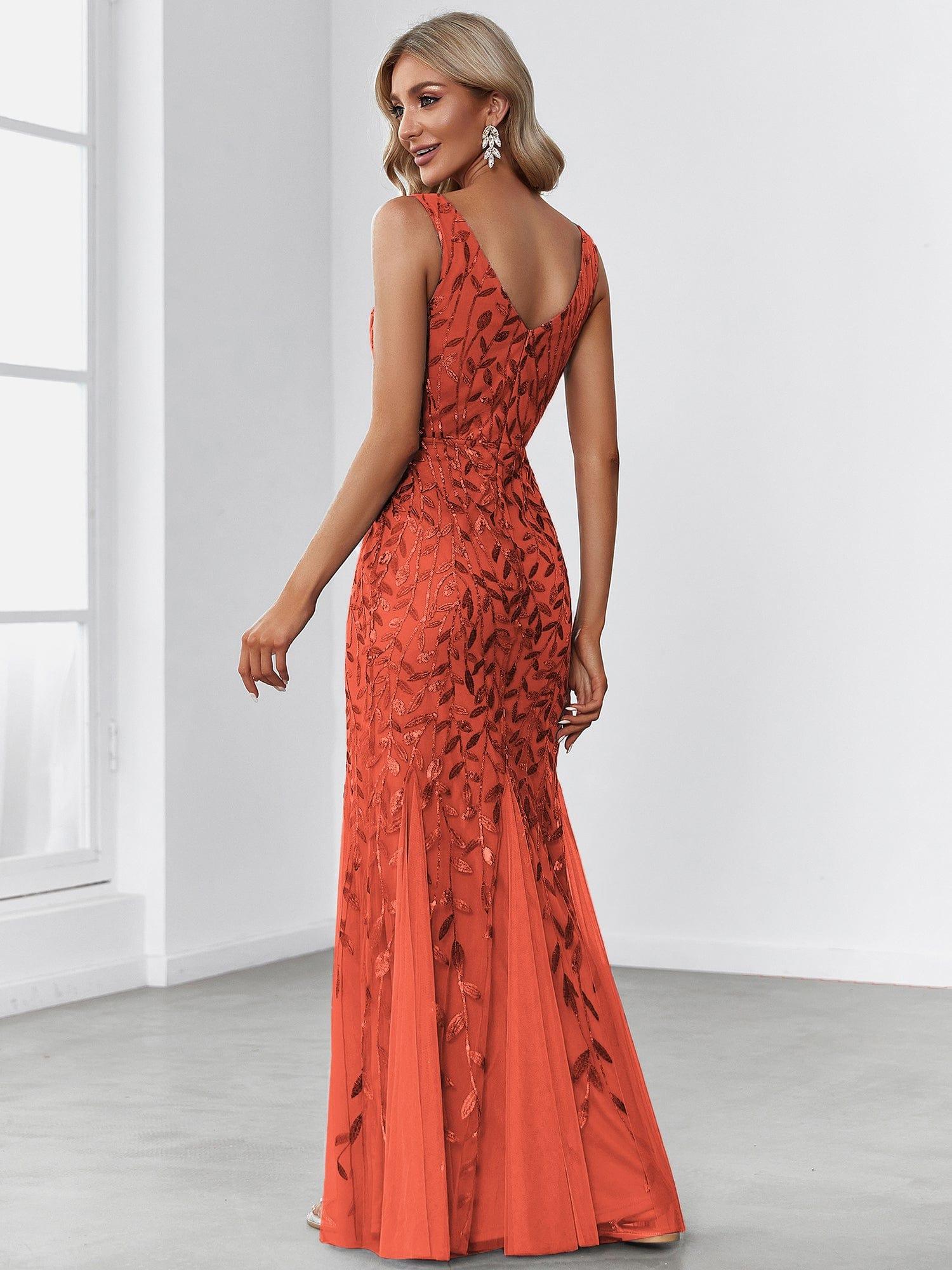 Women's Double V-Neck Fishtail Seuqin Wedding Guest Dress #color_Burnt Orange