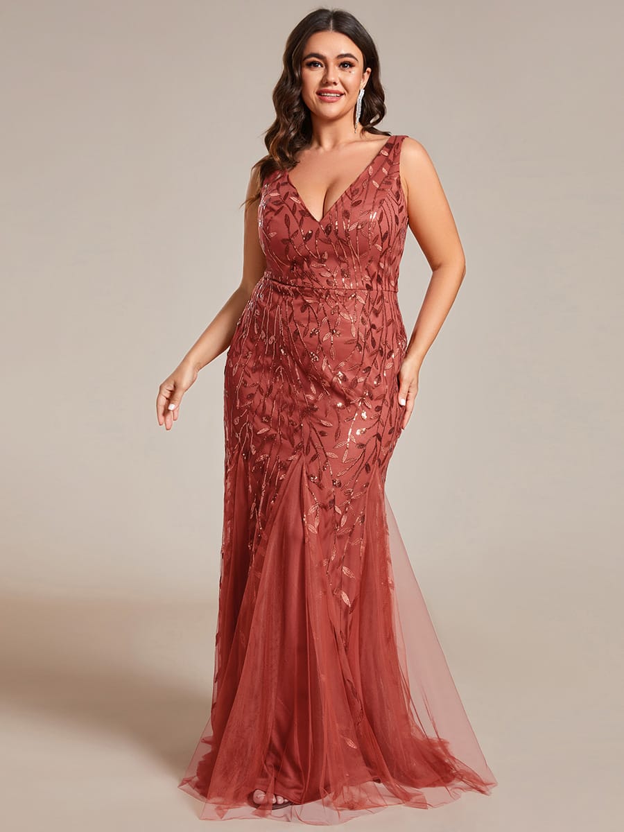 Women's Double V-Neck Fishtail Seuqin Evening Dress #color_Burnt Orange