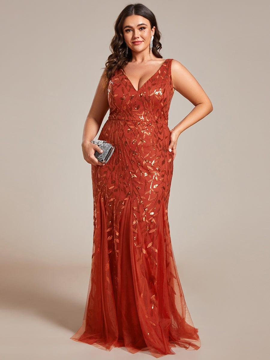 Women's Double V-Neck Fishtail Seuqin Wedding Guest Dress #color_Burnt Orange