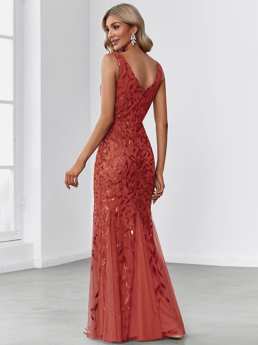 Women's Double V-Neck Fishtail Seuqin Evening Dress #color_Burnt Orange