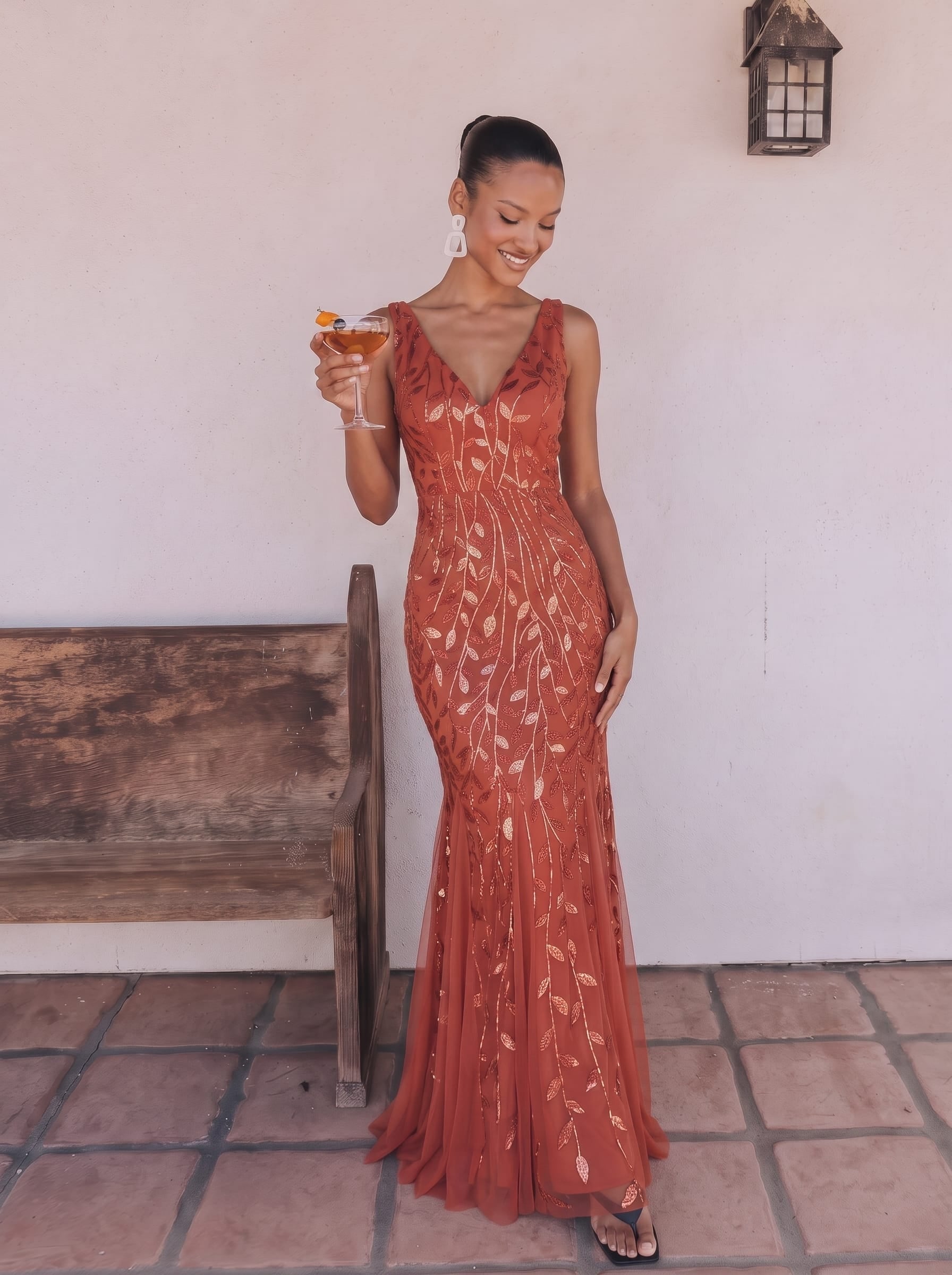 Women's Double V-Neck Fishtail Seuqin Evening Dress #color_Burnt Orange