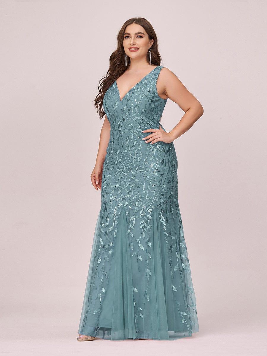 Plus Size Women's V-Neck Fishtail Seuqin Evening Dress #color_Light Teal