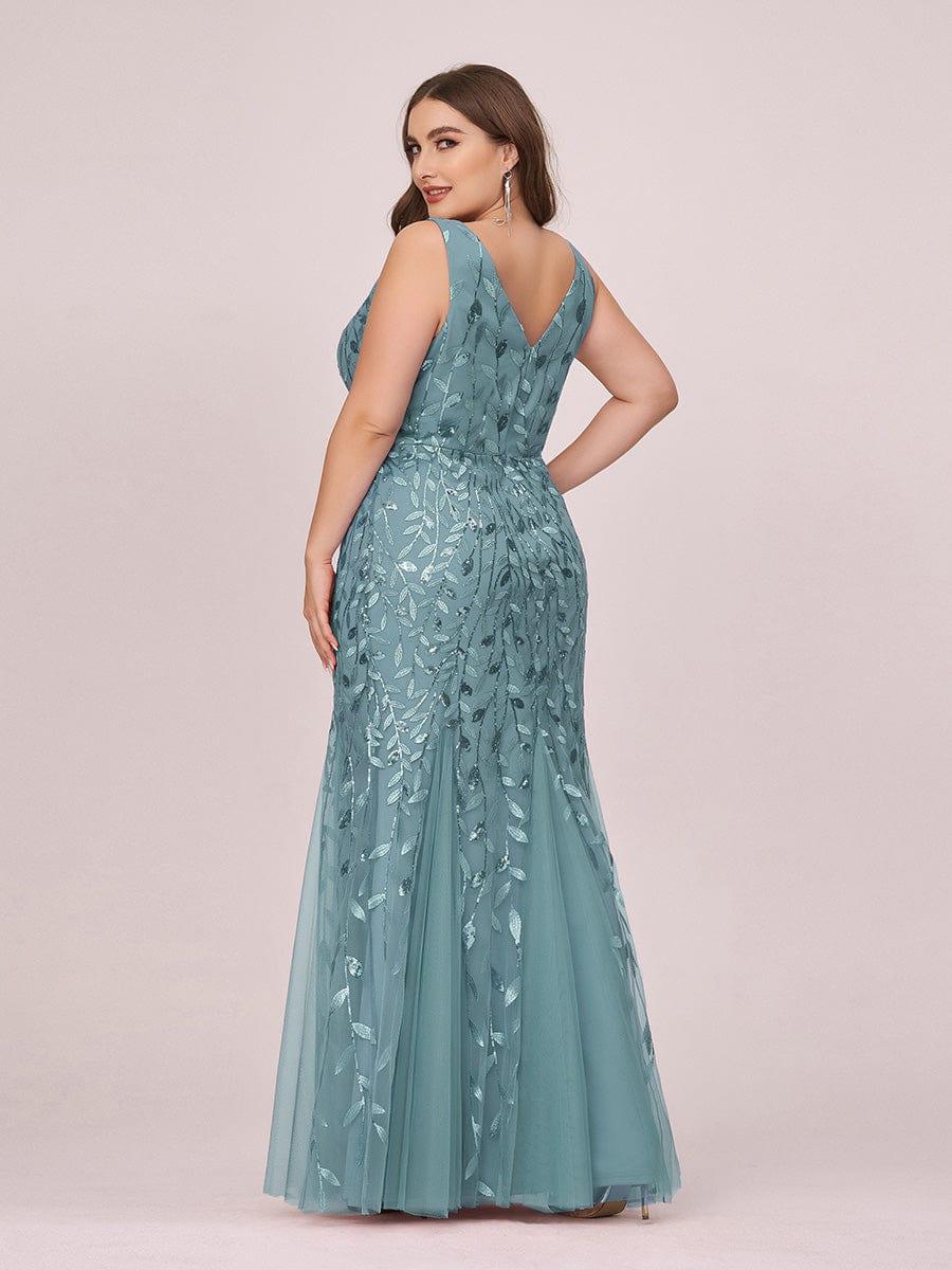 Plus Size Women's V-Neck Fishtail Seuqin Evening Dress #color_Light Teal