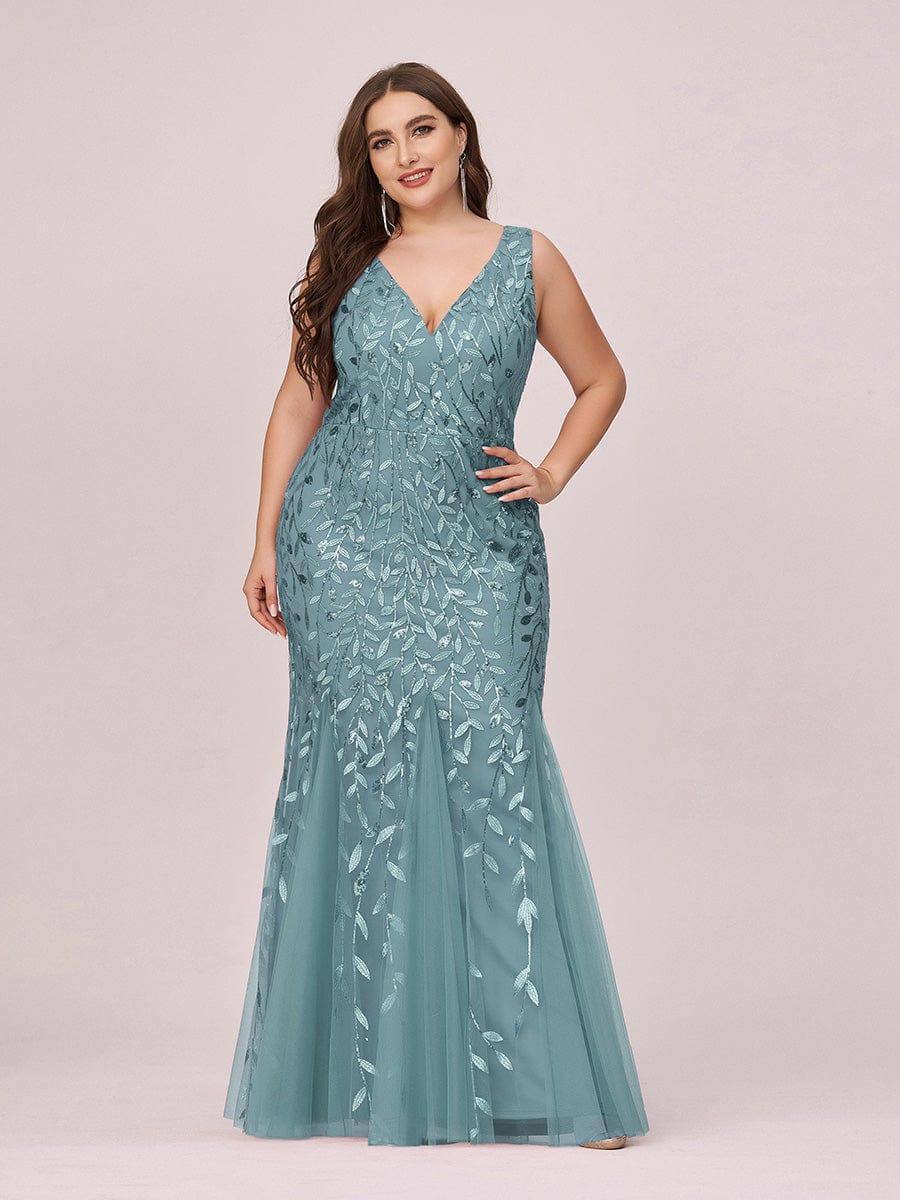 Plus Size Women's V-Neck Fishtail Seuqin Evening Dress #color_Light Teal