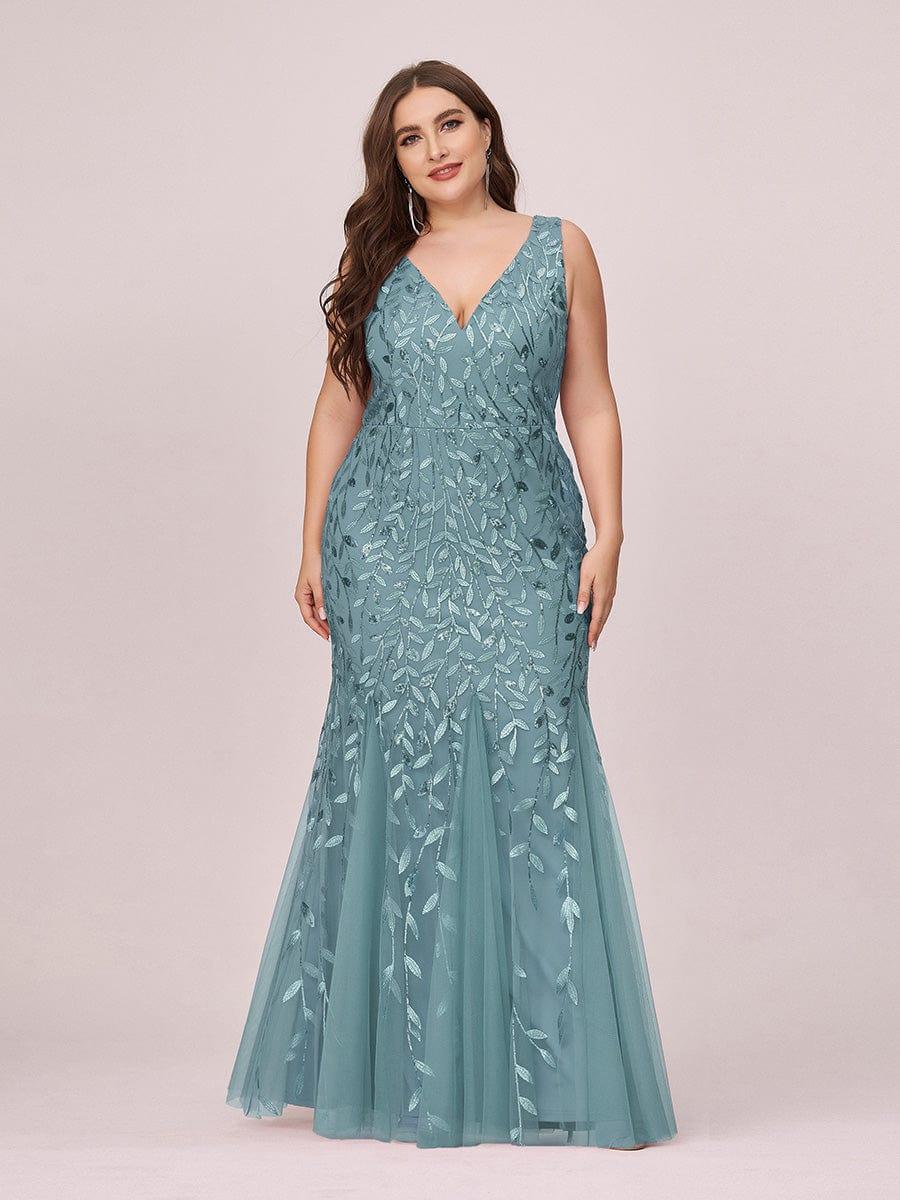 Plus Size Women's V-Neck Fishtail Seuqin Evening Dress #color_Light Teal