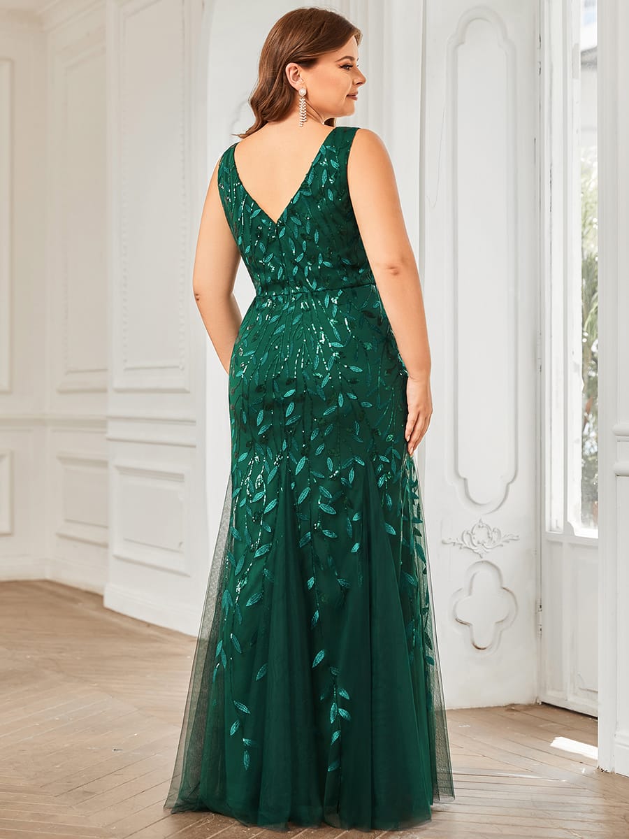 Women's Double V-Neck Fishtail Seuqin Evening Dress #color_Dark Green