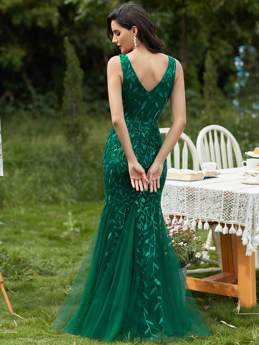 Women's Double V-Neck Fishtail Seuqin Evening Dress #color_Dark Green