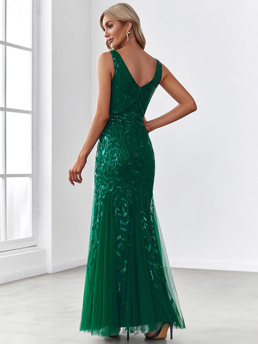 Women's Double V-Neck Fishtail Seuqin Evening Dress #color_Dark Green