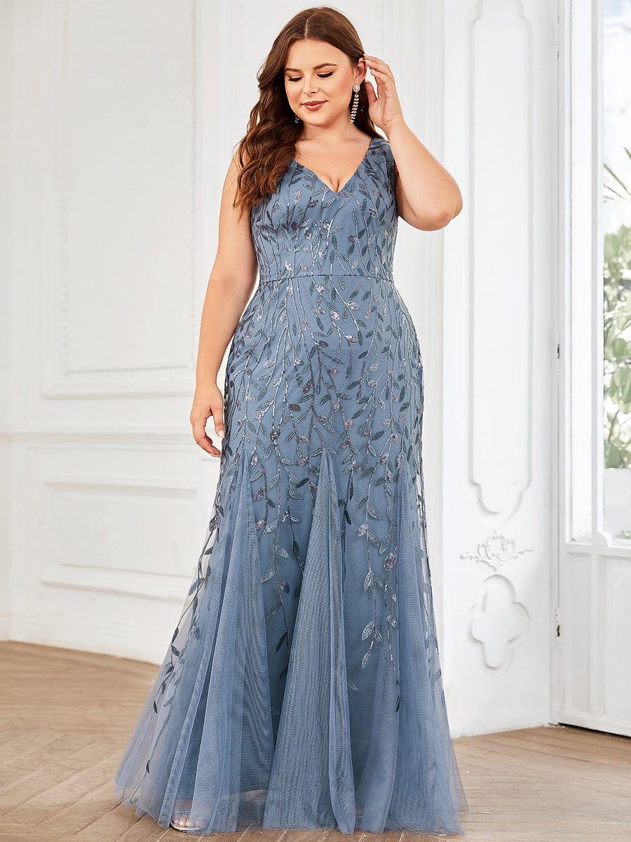 Plus Size Women's V-Neck Fishtail Seuqin Evening Dress #color_Dusty Blue