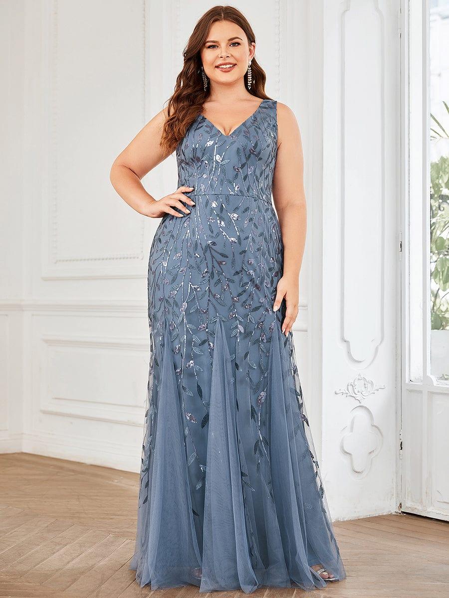 Women's Double V-Neck Fishtail Seuqin Wedding Guest Dress #color_Dusty Blue
