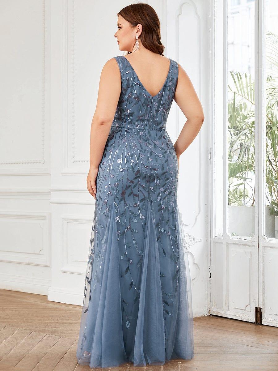 Plus Size Women's V-Neck Fishtail Seuqin Evening Dress #color_Dusty Blue