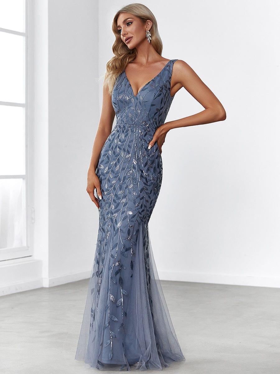Women's Double V-Neck Fishtail Seuqin Wedding Guest Dress #color_Dusty Blue