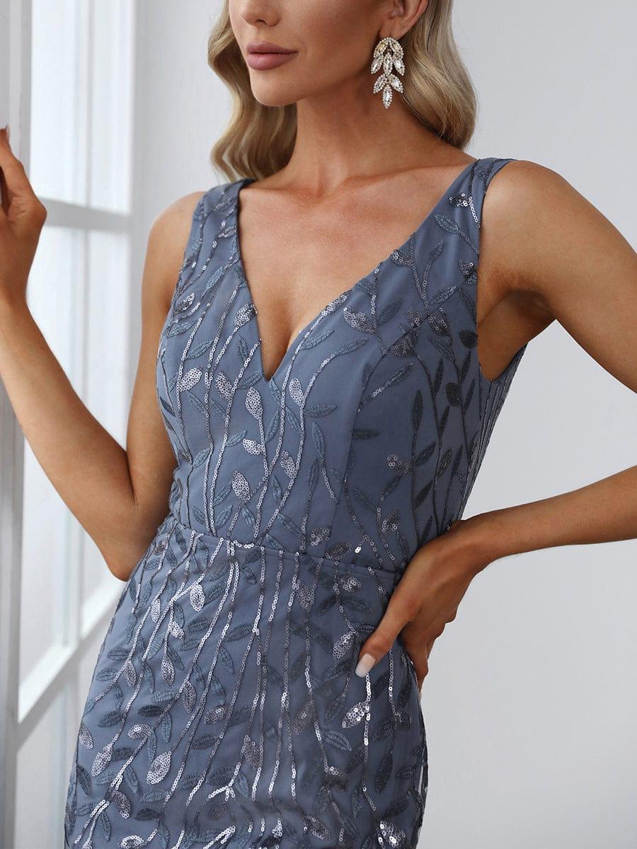 Women's Double V-Neck Fishtail Seuqin Wedding Guest Dress #color_Dusty Blue