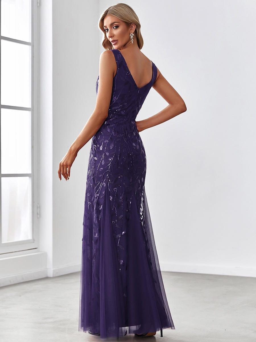 Women's Double V-Neck Fishtail Seuqin Wedding Guest Dress #color_Dark Purple