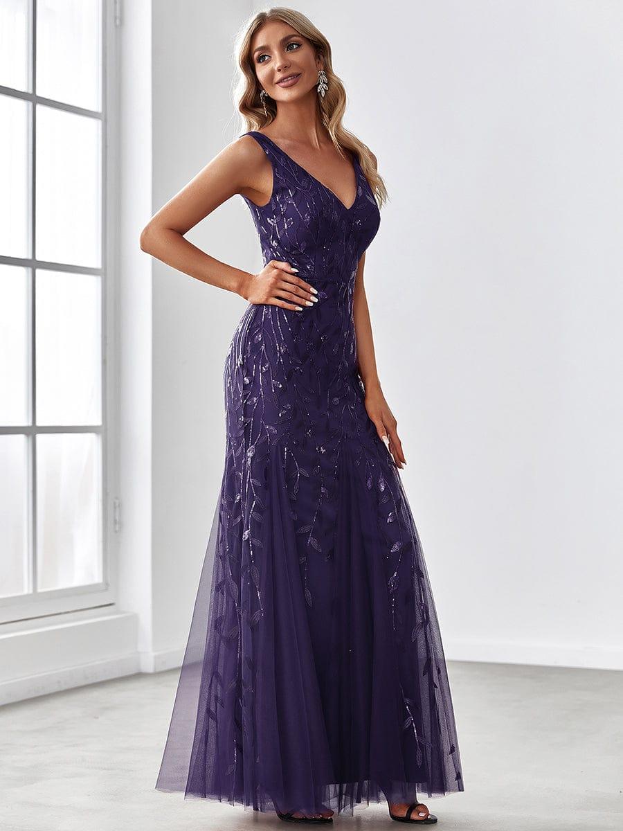 Women's Double V-Neck Fishtail Seuqin Wedding Guest Dress #color_Dark Purple