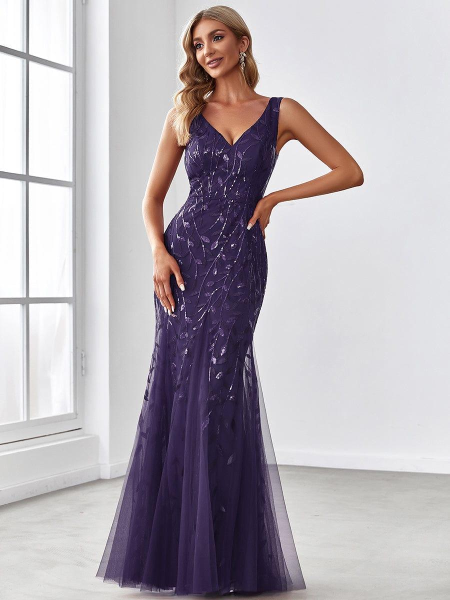 Women's Double V-Neck Fishtail Seuqin Wedding Guest Dress #color_Dark Purple