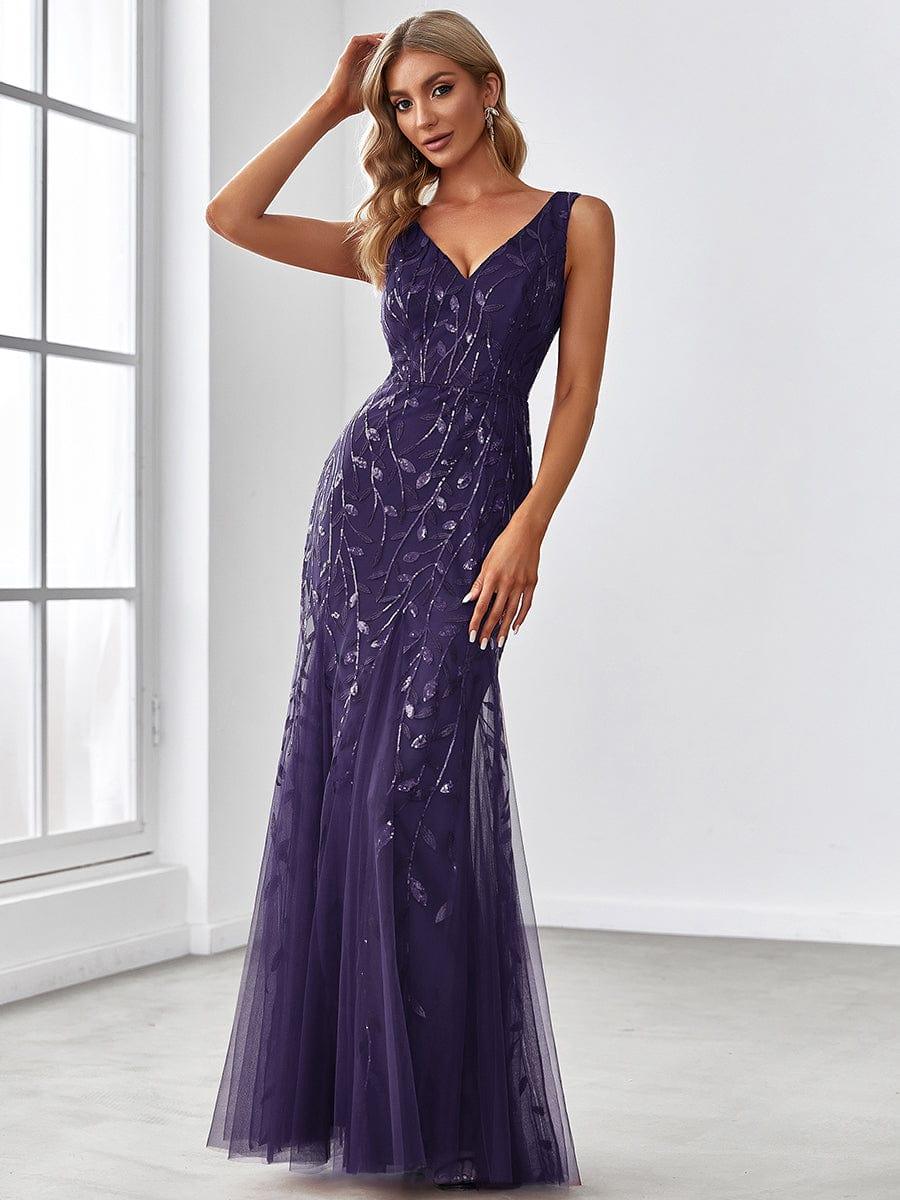 Women's Double V-Neck Fishtail Seuqin Wedding Guest Dress #color_Dark Purple