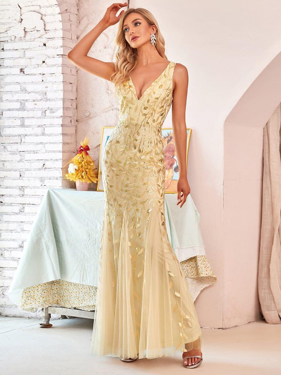 Women's Double V-Neck Fishtail Seuqin Wedding Guest Dress #color_Gold