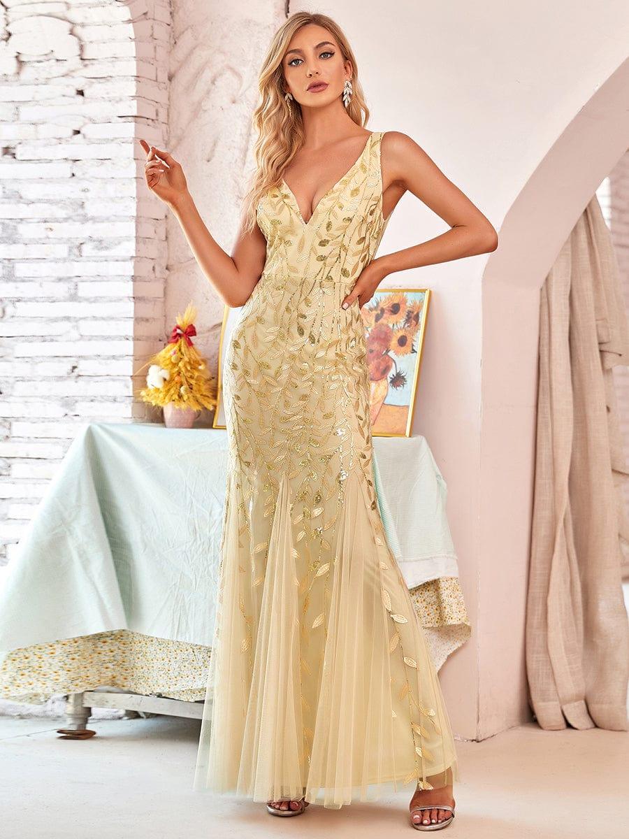 Women's Double V-Neck Fishtail Seuqin Wedding Guest Dress #color_Gold