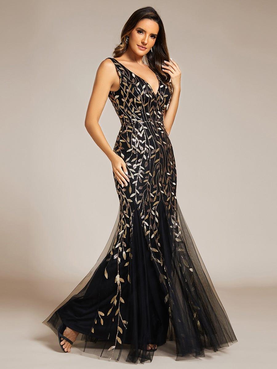 Women's Double V-Neck Fishtail Seuqin Wedding Guest Dress #color_Black & Gold